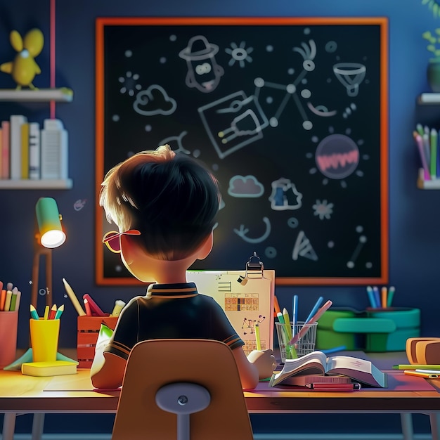 Un niño está estudiando en el aula con una pizarra como fondo tridimensional y claro