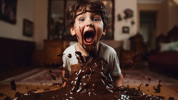 Un niño está gritando y haciendo una cara con chocolate