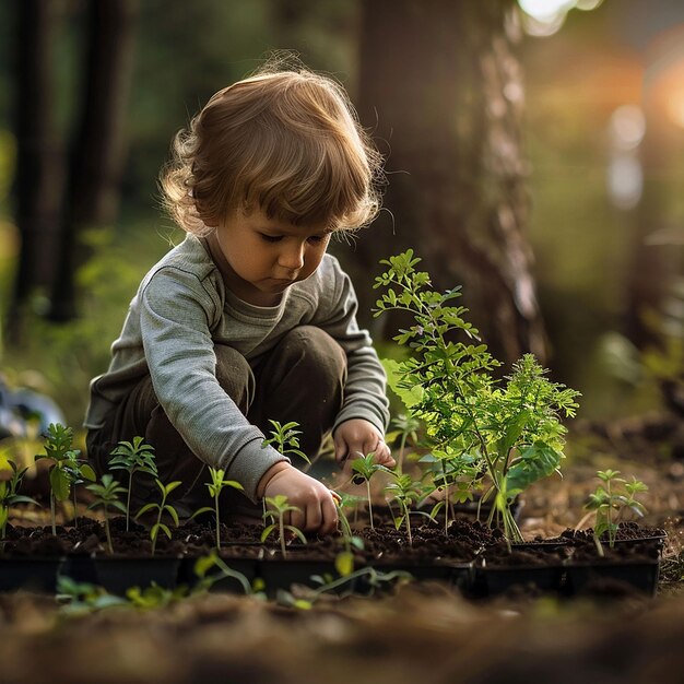 un niño está jugando en el bosque con plantas