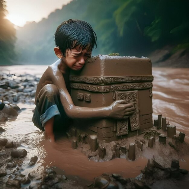 un niño está jugando con un castillo de arena hecho por un río