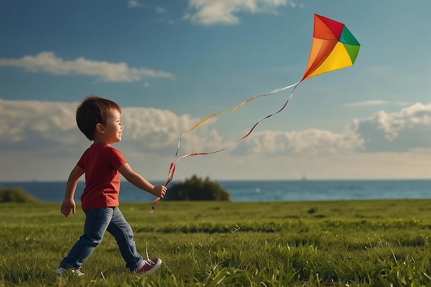 un niño está jugando con una cometa en un campo