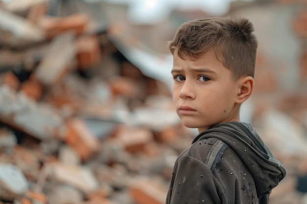 Un niño está junto a los escombros