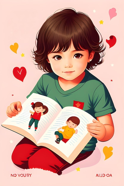 Un niño está leyendo un libro con la imagen de un niño y un corazón en el frente.