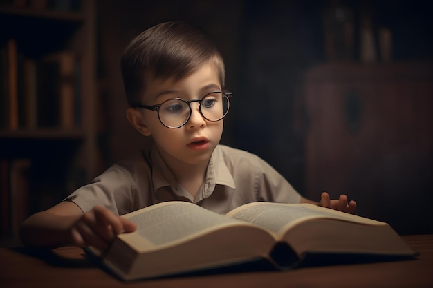 Un niño está leyendo un libro con un marcador a la derecha.