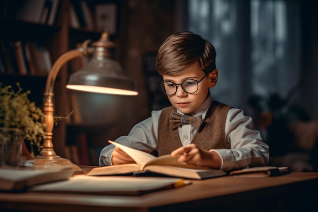 Un niño está leyendo un libro por la noche.