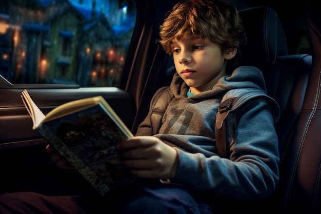 niño está leyendo un libro sentado en el asiento trasero de un coche generado por IA