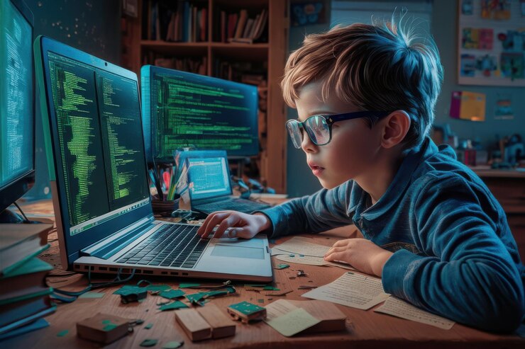 Foto un niño está mirando una computadora portátil con el código de la palabra en la pantalla