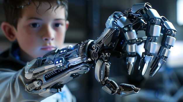 El niño está mirando la mano robótica está asombrado por la tecnología la mano está hecha de metal y tiene cables y circuitos visibles