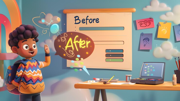 Foto un niño está mirando un tablero con las palabras antes antes y después después