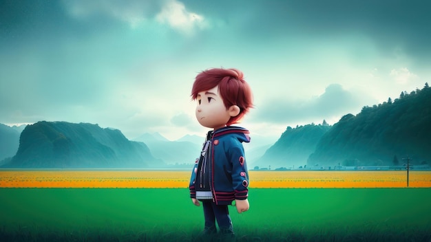 Un niño está parado en un campo con montañas al fondo.