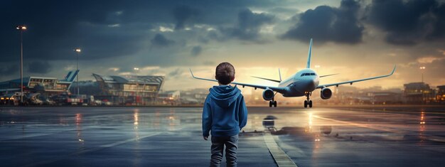 un niño está de pie en el aeropuerto y observa el despegue del avión