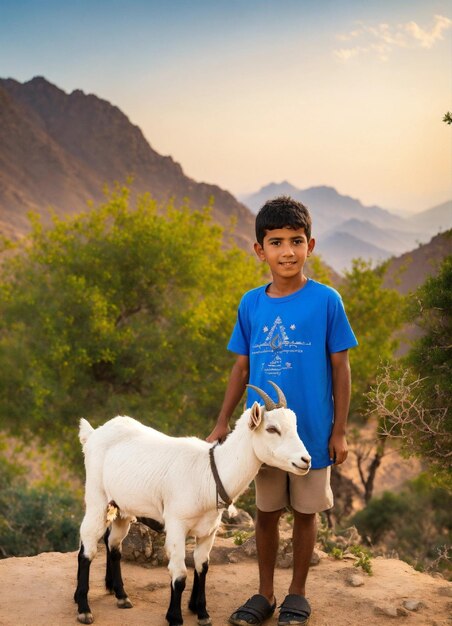 un niño está de pie con una cabra y una montaña en el fondo