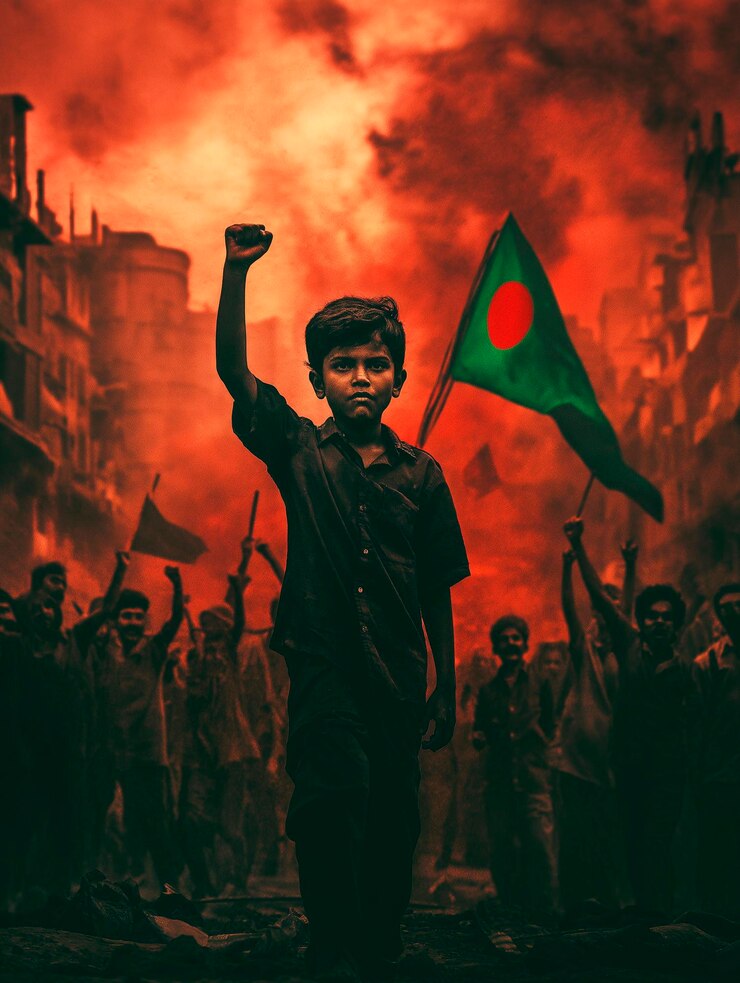 Foto un niño está de pie frente a una bandera verde con la palabra guerra en ella