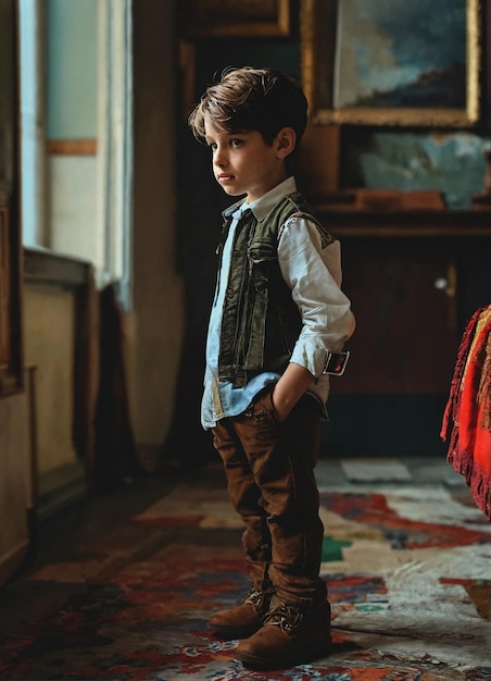 un niño está de pie en una habitación con una pintura de un niño