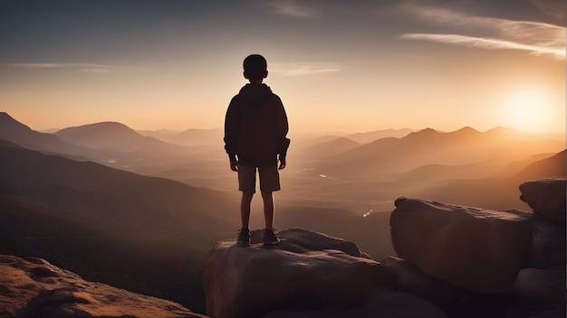 un niño está de pie en una roca mirando la puesta de sol.