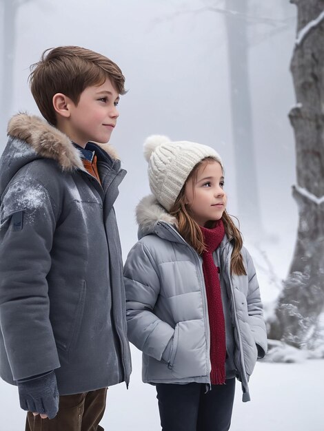 Un niño está de pie en un vestido de invierno