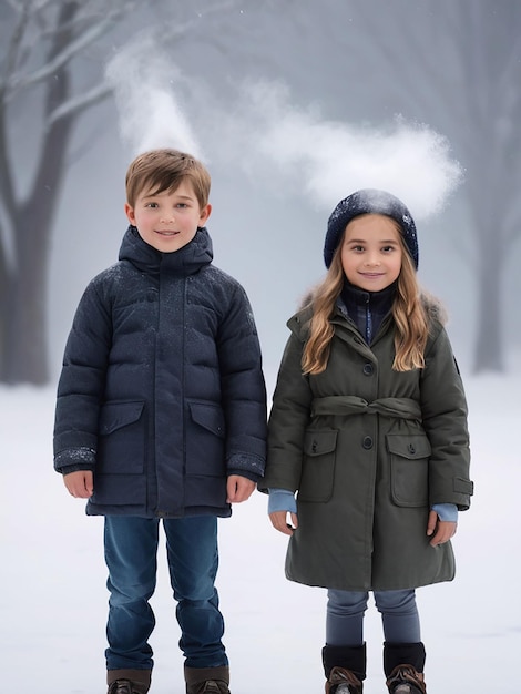 Un niño está de pie en un vestido de invierno