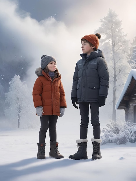 Un niño está de pie en un vestido de invierno