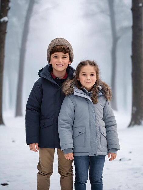 Un niño está de pie en un vestido de invierno