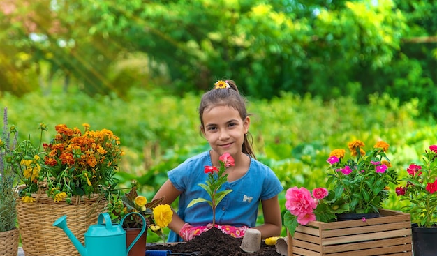 El niño está plantando flores en el jardín Enfoque selectivo