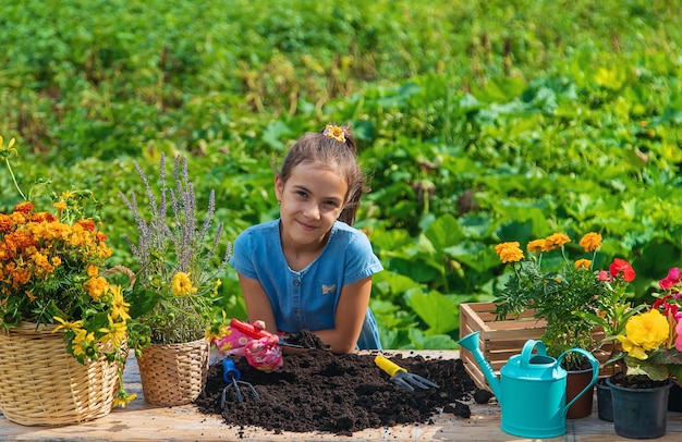 El niño está plantando flores en el jardín Enfoque selectivo