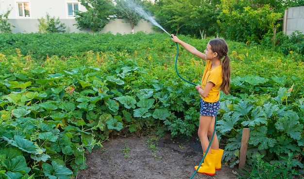 El niño está regando el jardín con una manguera Enfoque selectivo