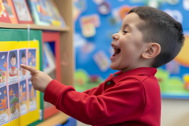 Un niño está señalando un libro en un estante en un aula con otros