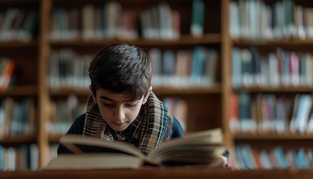 Un niño está sentado en una biblioteca leyendo un libro