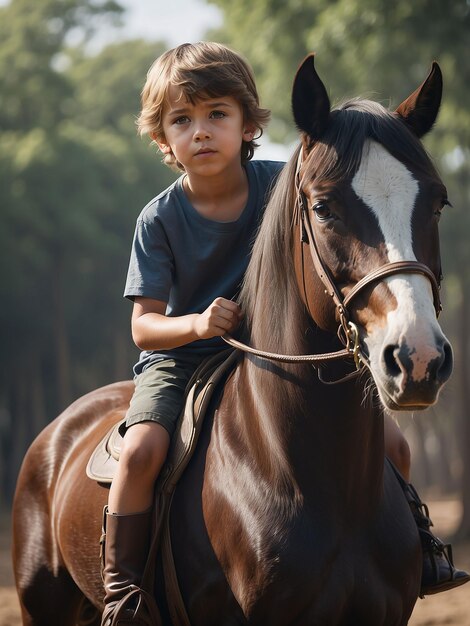 Un niño está sentado en un caballo