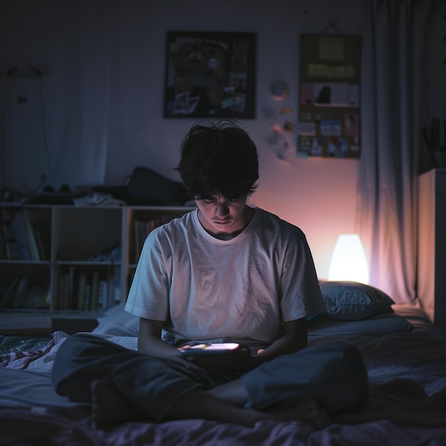 un niño está sentado en una cama con un libro en su regazo
