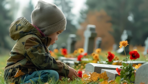 Un niño está sentado en un cementerio rodeado de flores rojas