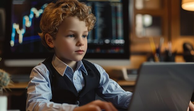Un niño está sentado en un escritorio con una computadora portátil y un monitor de computadora
