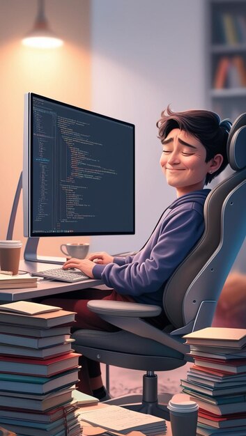un niño está sentado frente a una computadora con el código de la palabra en la pantalla