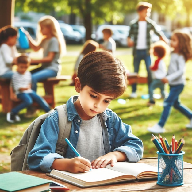 un niño está sentado en una mesa con un libro titulado "Cita de una escuela"