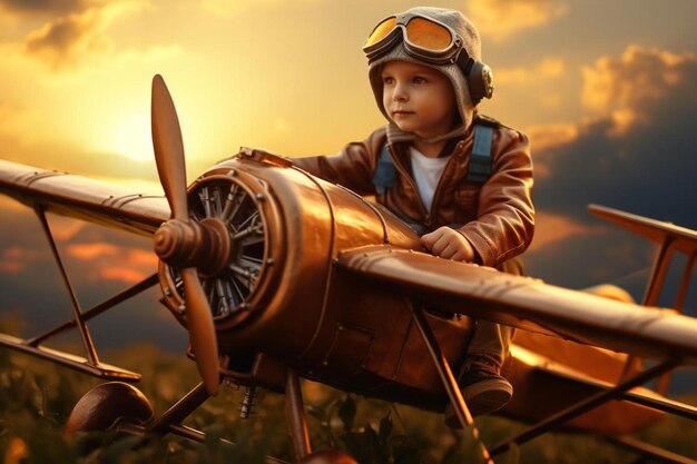 un niño está sentado en un pequeño avión y está usando un casco y está posando para una foto