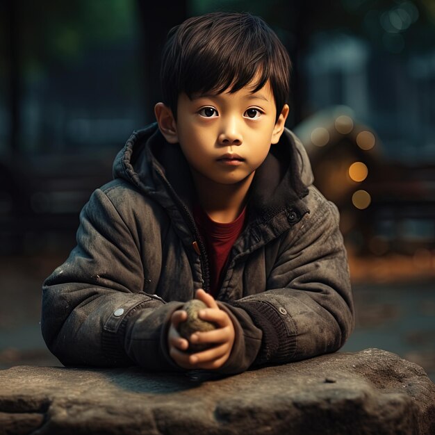 un niño está sentado en una piedra frente a un edificio