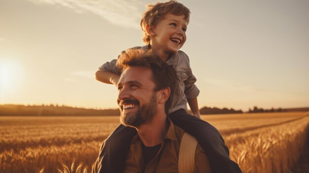 El niño está sentado sobre los hombros del hombre Padre con su pequeño hijo jugando en el campo