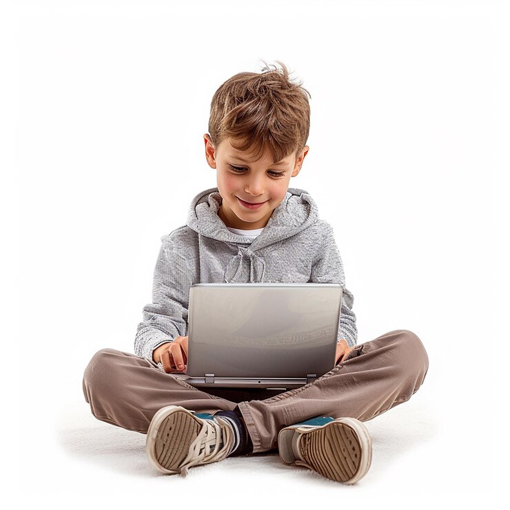 un niño está sentado en el suelo con una computadora portátil