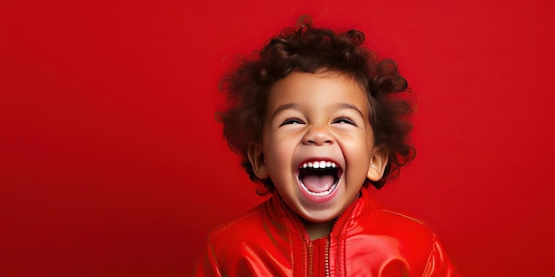 El niño está sonriendo sobre fondo rojo del estudio