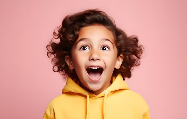 El niño está sorprendido y emocionado abriendo los ojos y la boca Fondo de color claro y sólido brillante