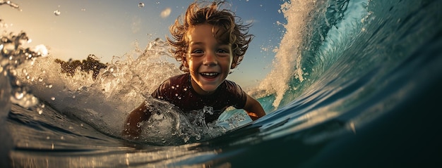 Un niño está surfeando en una ola y sonriendo