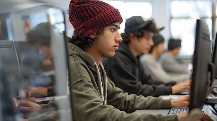 Foto un niño está tocando un teclado con otros estudiantes en el fondo