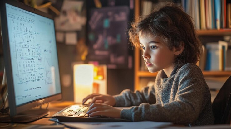 Foto un niño está usando una computadora con un monitor de computadora y una computadora portátil