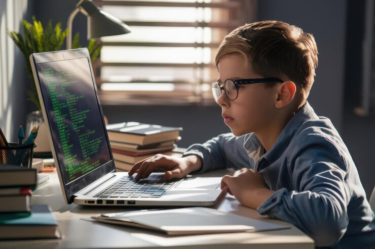 Foto un niño está usando una computadora portátil con una pantalla de computadora que dice prueba en él