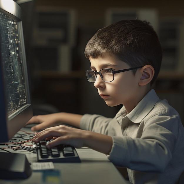 Un niño está usando una computadora con un teclado en la oscuridad.