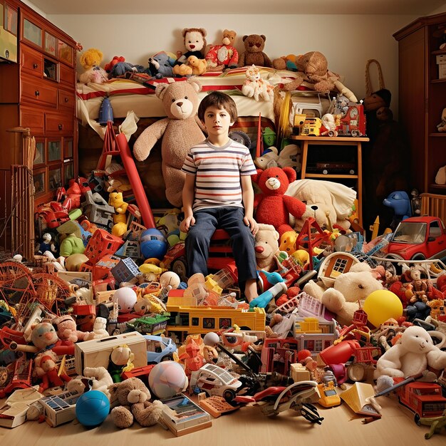 Foto un niño estaba en su habitación sucia y desordenada