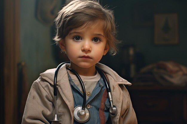 Foto niño con un estetoscopio y una bolsa de medicinas
