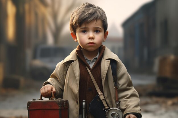 Foto niño con un estetoscopio y una bolsa de medicinas