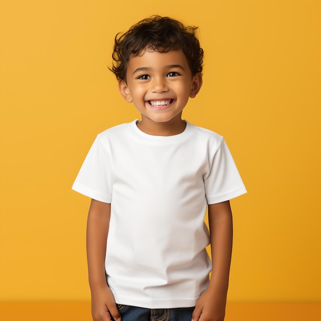 un niño en un estilo casual sobre un fondo amarillo