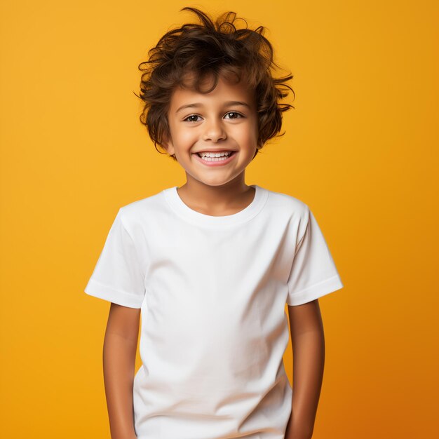 un niño en un estilo casual sobre un fondo amarillo